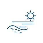 Royal blue icon of a beach with sun